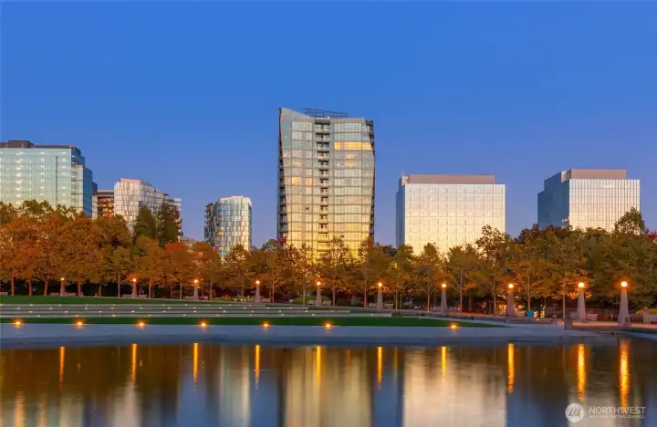 Residence 1907, illuminated against the Bellevue Skyline