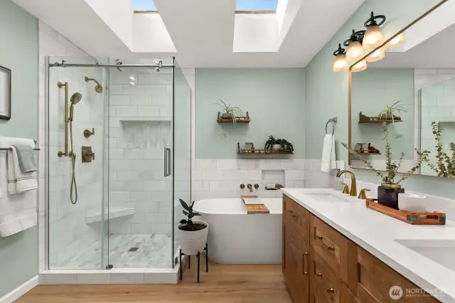 Gorgeous primary bath has been recently remodeled.
