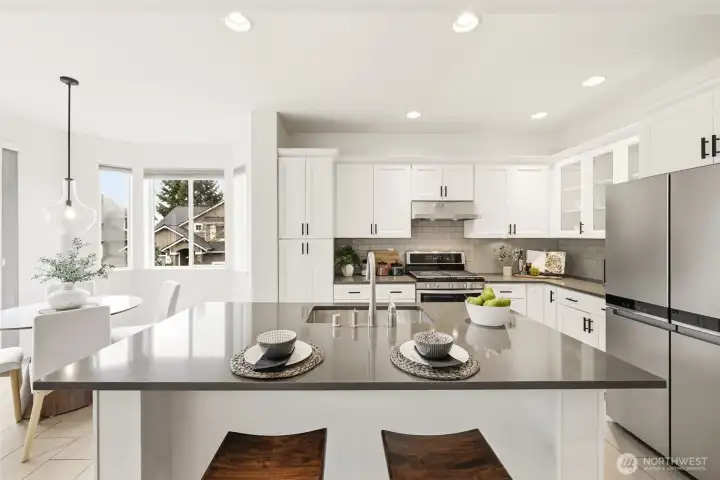 Modern kitchen with new fridge and tasteful selections