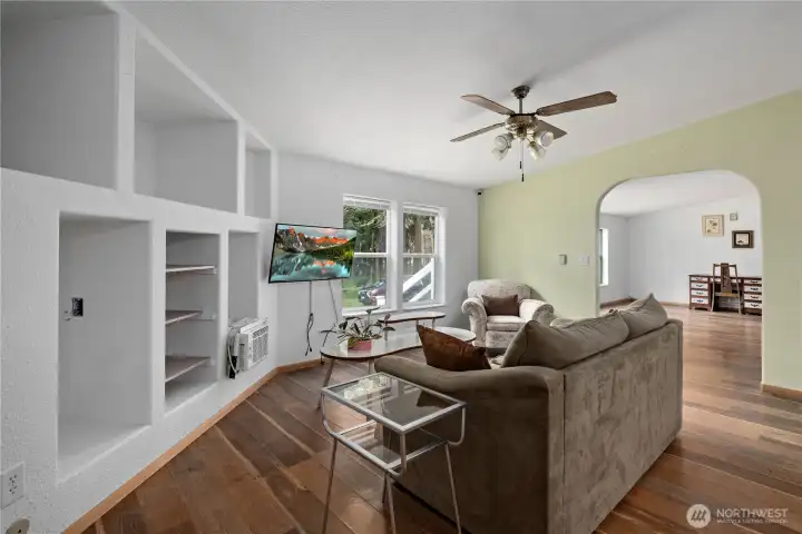 Great room with built-in shelving