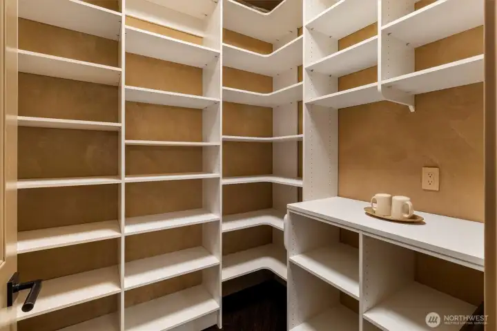 An expansive walk-in pantry offers abundant storage and organization, thoughtfully designed for everyday convenience.