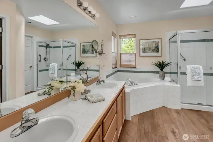 Primary bathroom with separate commode and walk-in closet.