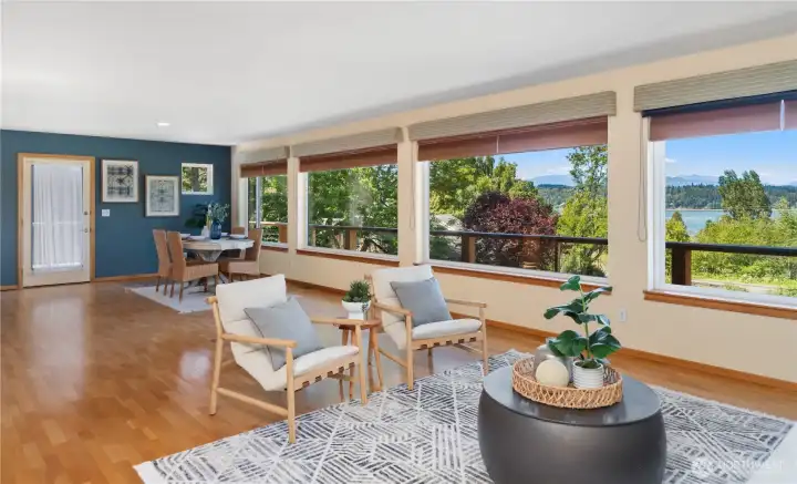 Open living room w/ engineered hardwoods