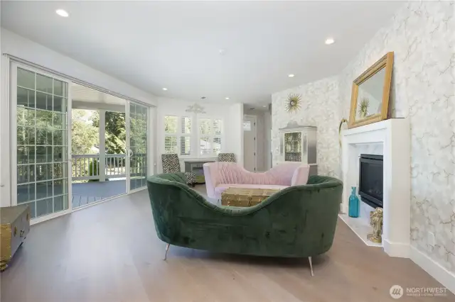 Living room with french doors leading to covered patio