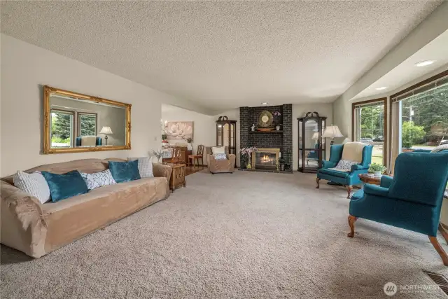 Living Room view from Entryway. Working fireplace, neutral flooring, and glorious bay window seating that spills all that natural light into this home