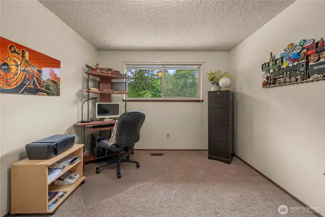 Second bedroom currently used as an office, complete with a large closet and a large window overlooking the backyard.