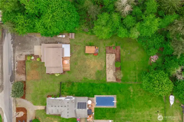 Arial view of home! Look at all that open space! Plus designated play area, garden space and two sheds!