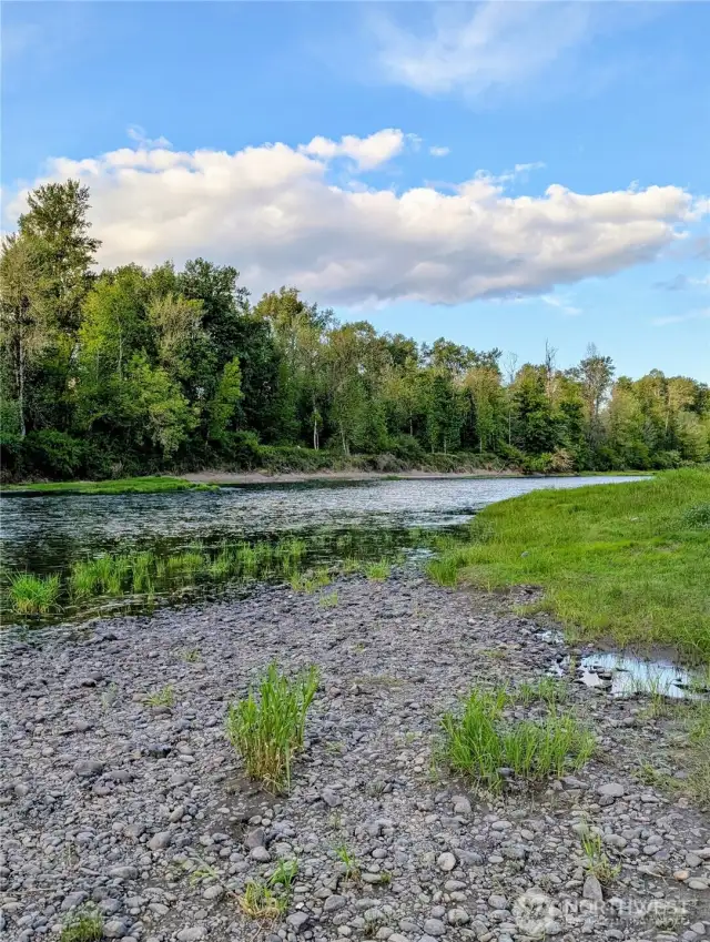 A flat, rocky beach along side the Chehalis River.  Just a few minute walk from the home brings you to this stunning landscape.