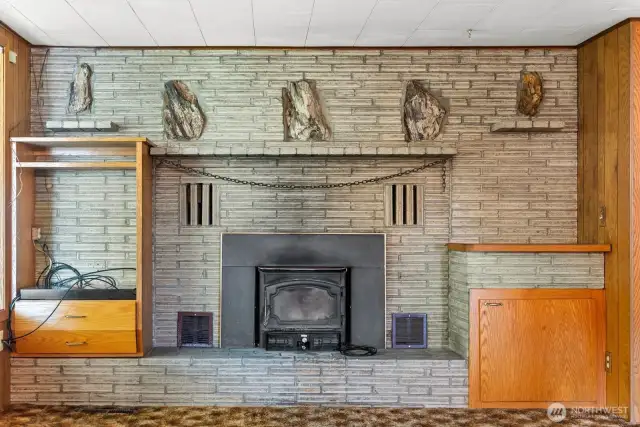 Wood fireplace has insert and keeps you warm!