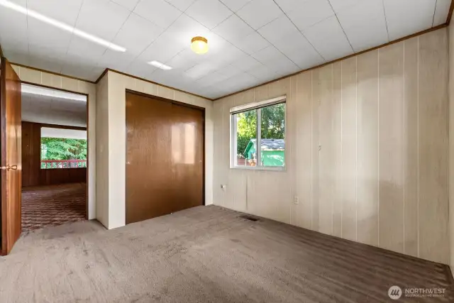 Second bedroom is carpeted. Large closet. Off of Living room area.