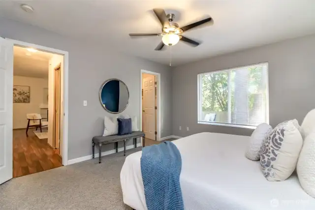 Primary bedroom facing the family room.