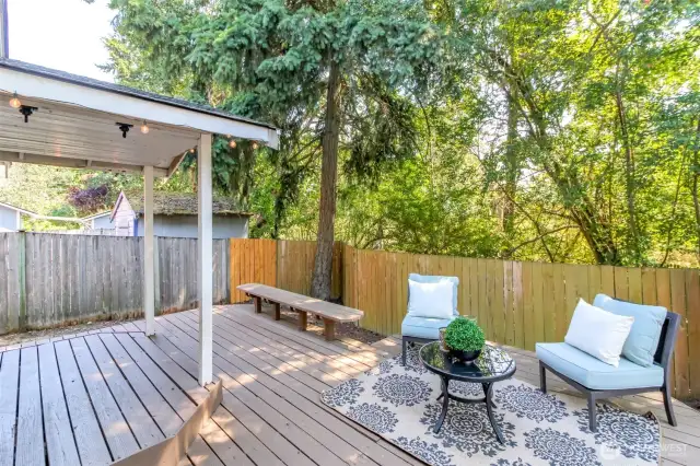 Plenty of room for seating or patio table.Notice the privacy the trees offer in your back yard.