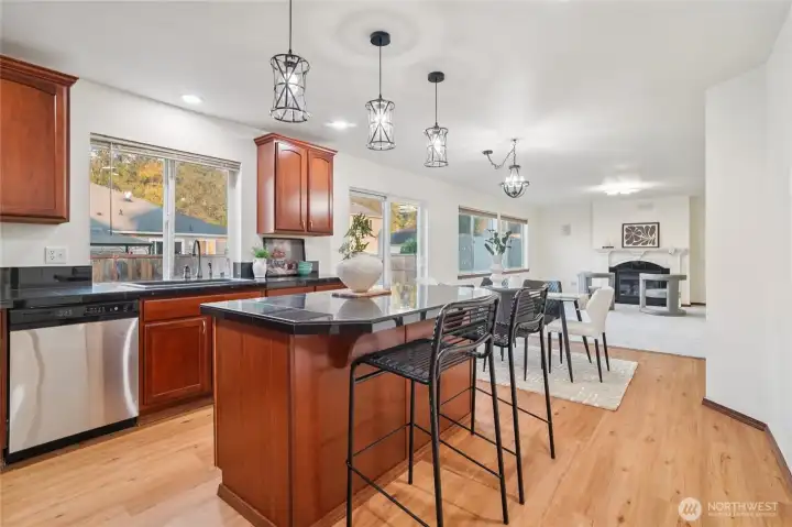 Kitchen view to Dining and Family Room