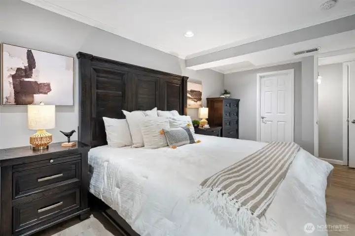 Primary bedroom in the lower level of the home