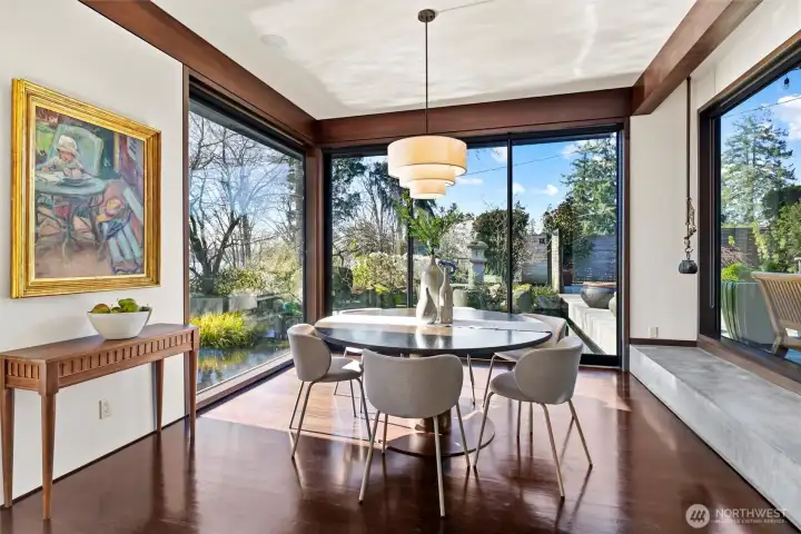 Dining room surrounded by koi ponds