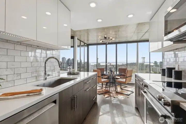 Quartz countertops, stainless steel appliances, marble subway tile backsplash - not just stylish, but functional too.