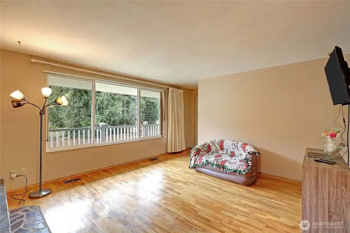 Living room with wood floors to picture windows.  Bus lines nearby.