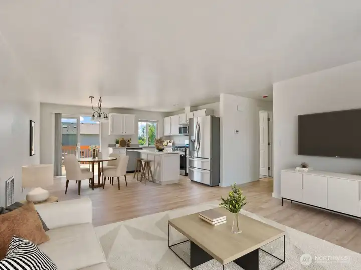 Virtually staged living room, kitchen and dining area with island possibility