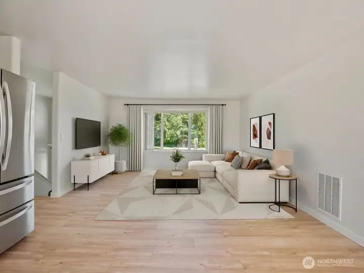Virtually staged living room facing North