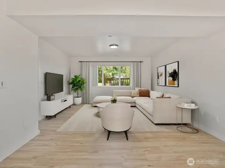 Virtually staged family room facing north
