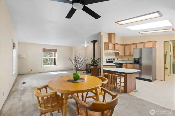 Skylights in the kitchen and lots of windows in the living and dining areas. Skylights in the kitchen and lots of windows in the living and dining areas.