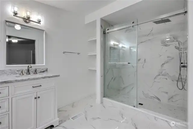 New BEAUTIFULLY designed marble and glass door shower