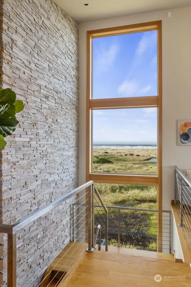 Attractively designed stair system enjoys an incredible view