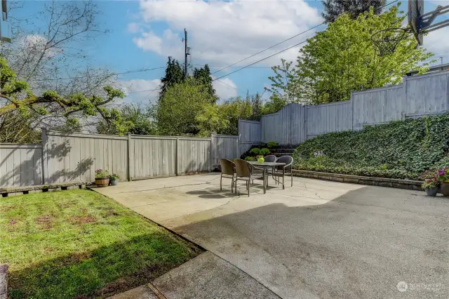 Fully fenced private backyard with concrete patio.