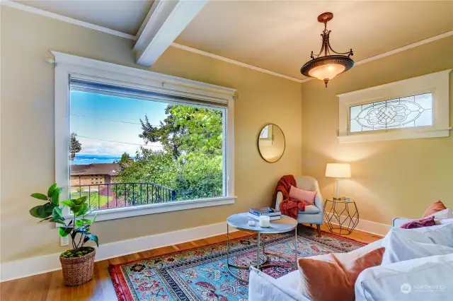 Enormous Picture Window with Puget SOund view and Top-Down, Bottom-Up Shades.