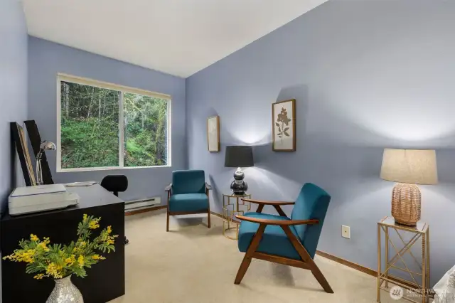 Spacious primary bedroom featuring ample room for a home office and cozy lounge seating. Enjoy the comfort of a generous walk-in closet and an en-suite full bathroom—your perfect retreat for rest, work, and relaxation.