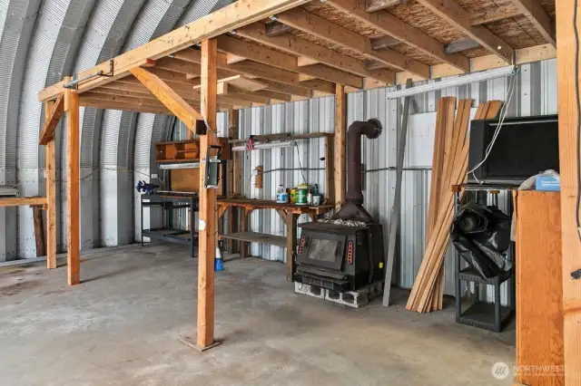 wood stove & loft in garage/shop