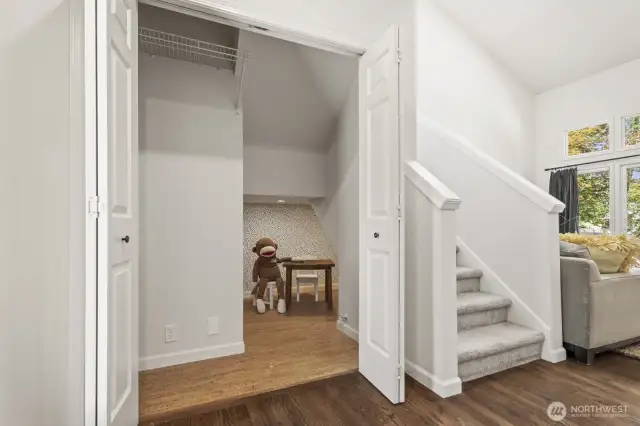 The large closet in the foyer provides lots of space to hang jackets, plus a bonus space under the stairs for a kids play area or storage for all your gear.