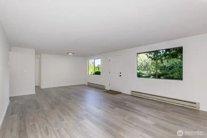 view from living area looking at dining area.