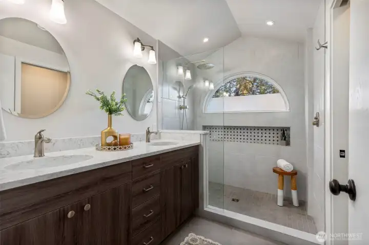 Bathroom was completely renovated in 2021 one update is  water controls opposite the shower heads.