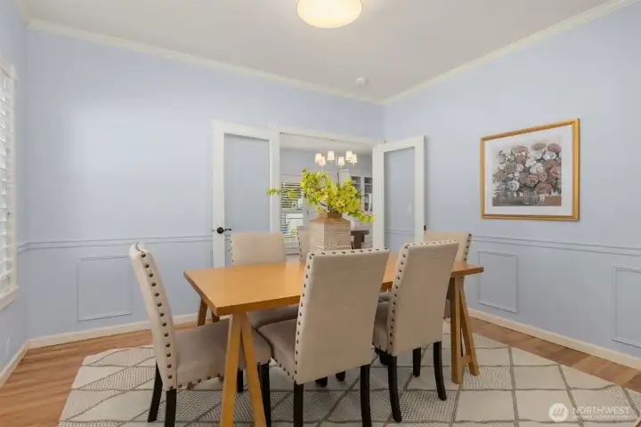 Just next to the kitchen and informal dining area is the formal dining room. This room has two sets of French doors and could be closed off for a private office. Just next to the kitchen and informal dining area is the formal dining room. This room has two sets of French doors and could be closed off for a private office.