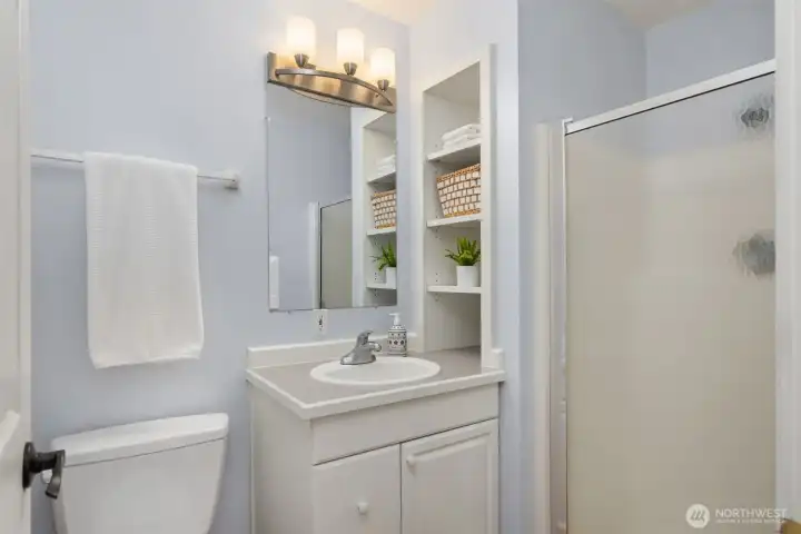 Off of the media room and just down from the bonus room is a 3/4 bathroom with shower. Off of the media room and just down from the bonus room is a 3/4 bathroom with shower.