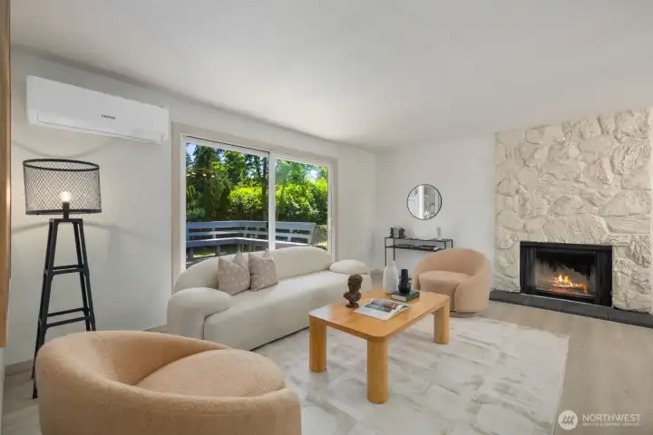 Family room with wood fireplace