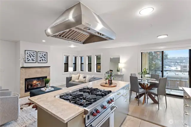 Wolf range hood, Wolf range,  travertine counters