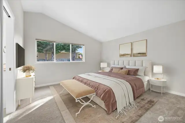 Virtual staging: Spacious master suite w/5-piece bath and walk-in closet on the upper level.