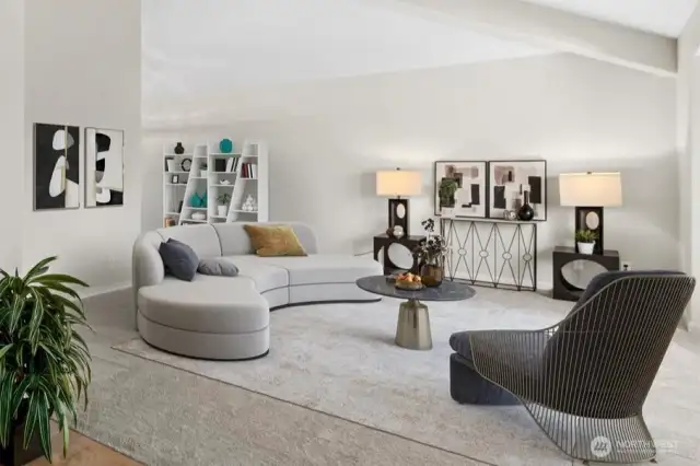 Virtual staging: Vaulted ceilings & large windows fill the space w/natural light in living area.