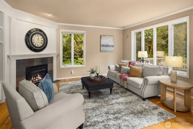 Family room features a gas fireplace and built-in shelves and storage.  The window overlooks the absolutely stunning water fountain.