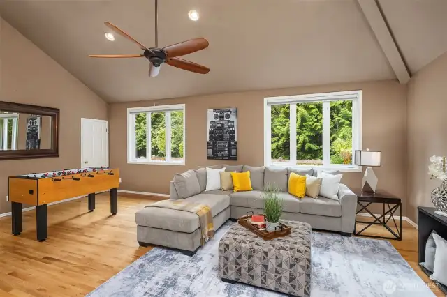 Walk-in closet, and so much room - this is a large sectional, and the room STILL has enough space for a foosball table! Note that the deck from the kitchen extends all the way to the space outside this room.