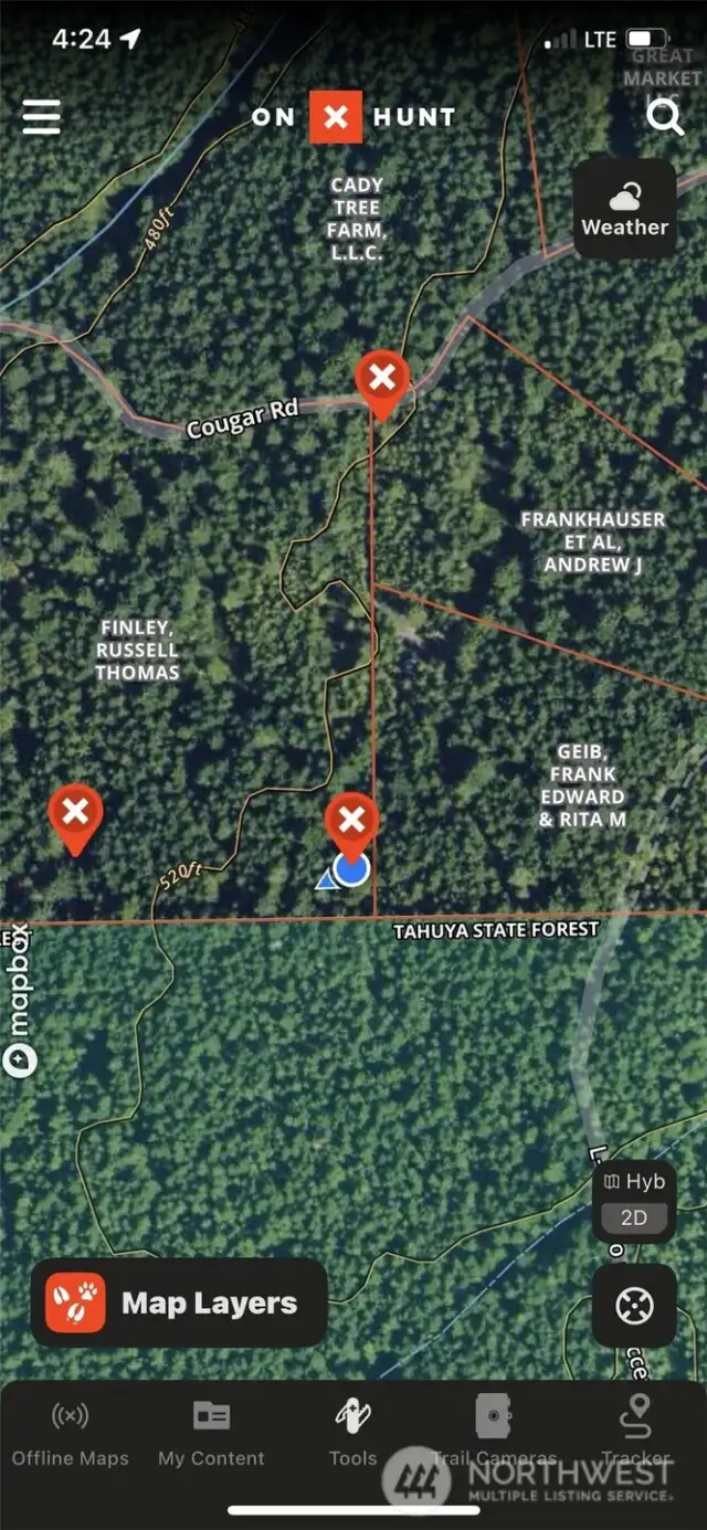Location of the "T" at the south property line. Follow the "Land For Sale" arrow to the right when on the road. That's left if you are looking at this photo