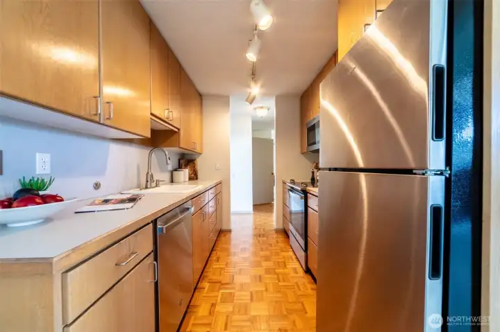 Stainless appliances, parquet flooring