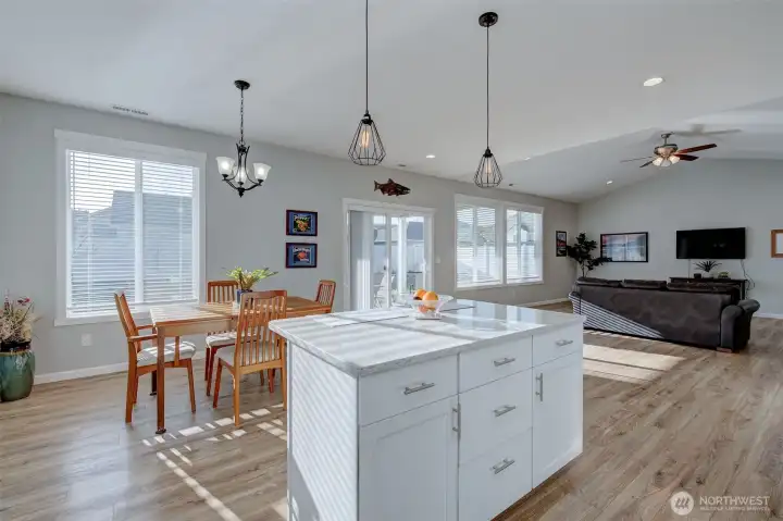 This kitchen island offers prep space, storage and a breakfast bar.