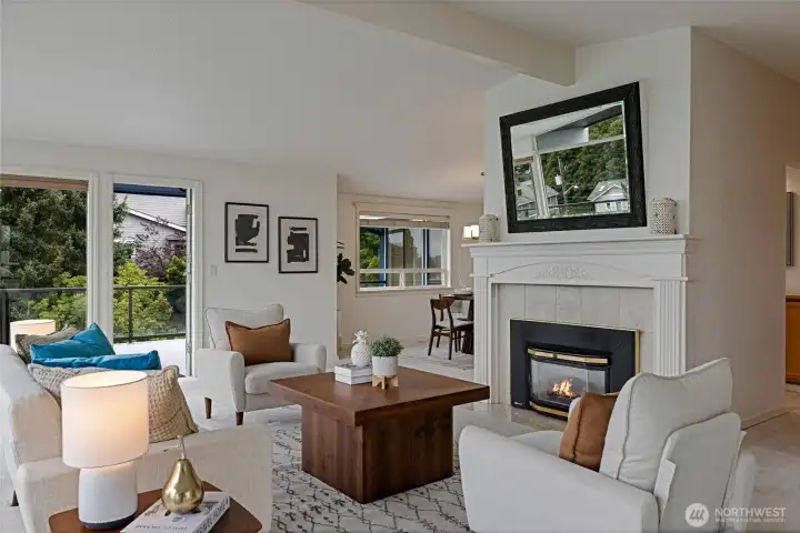 Gas fireplace at center of living area.