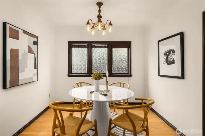Privacy glass and classic chandelier.