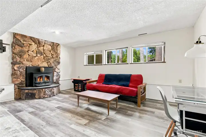 Rec room with wood burning fireplace. Great space down here! Rec room with wood burning fireplace. Great space down here!