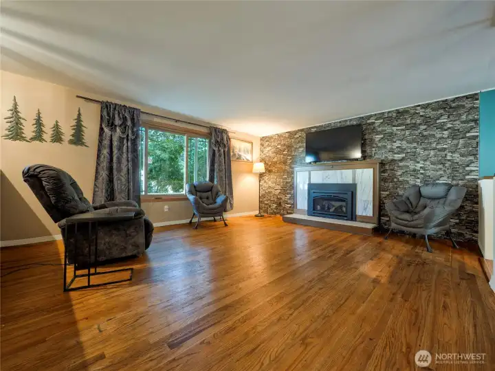 Large living room with remote controlled gas fireplace