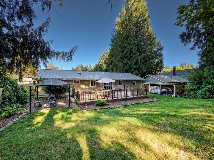 Mostly level backyard with lean-to for storage